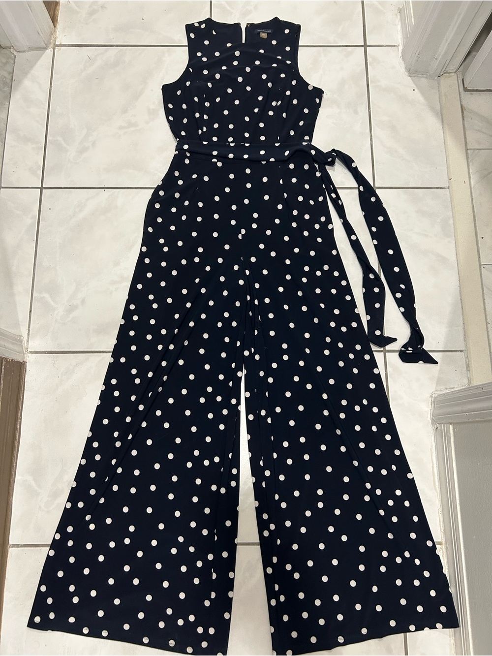 Tommy Hilfiger Navy White Polka Dot Sleeveless Jumpsuit with Tie Waist Wide Leg